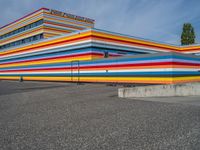 an empty parking lot painted brightly stripes on the wall of the building and sky as well as stones