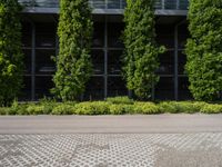 there is a large concrete and brick paved parking lot with a few trees in the background