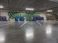 a large room with graffiti on the wall and a ramp in the background that reads supremeord