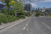 a road with the city in the background and a small red fire hydrant sitting on one end