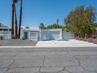 a large white home with palm trees in front of it and concrete driveway on either side