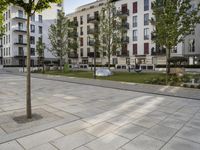 a very nice walkway outside of some very pretty buildings in europe area, with trees