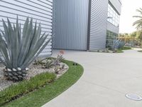 a concrete walkway that leads to a garage and a flowerbed at the side of the house