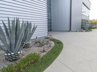 a concrete walkway that leads to a garage and a flowerbed at the side of the house