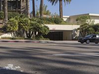 a car driving down the road in front of a large building surrounded by palm trees