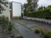 the house is built around an unusual courtyard of concrete and plants, and also has a modern design