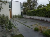 the house is built around an unusual courtyard of concrete and plants, and also has a modern design