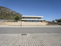 a very long white house with a glass wall in it and a tree near the building