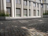 a bench on the outside patio of a large modern building near trees and other plants