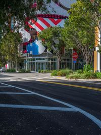 a building with american flag design on top and street signs painted to look like two people riding bicycles