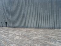 the little girl is riding a skateboard on the pavement near the wall of the building