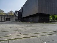 the large building has several black walls in it and a dog laying on the ground outside