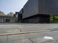 the large building has several black walls in it and a dog laying on the ground outside