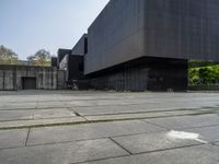 the large building has several black walls in it and a dog laying on the ground outside