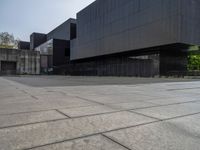 the large building has several black walls in it and a dog laying on the ground outside