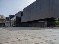 the large building has several black walls in it and a dog laying on the ground outside