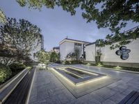 a courtyard with lighting features plants and trees, with an outdoor fountain, and lounge chairs