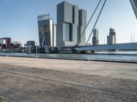 a bike riding along a waterway in a city with tall buildings in the background and a long bicycle on the right