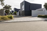 three buildings next to each other on a sidewalk with a paved road between them and trees