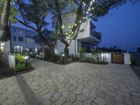 a stone paver patio with several trees and lights on the path and a small tree near by