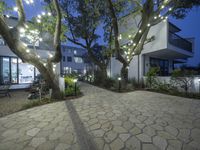 a stone paver patio with several trees and lights on the path and a small tree near by