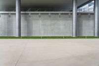 an empty concrete area in a building with tall columns and green grass on the ground