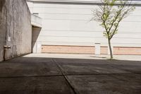 skateboarder standing on cement with buildings in background with sunlight on ground below wall