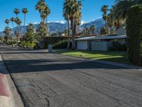 palm trees lining an empty street next to mountains in the distance, with cars parked on both sides of the street