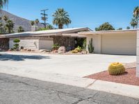 a house with desert landscaping in the front and a cacti plant and rock on the sidewalk