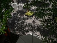 an umbrella sits in the shade as pedestrians walk by in a park area with trees