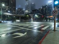 city street intersection with traffic lights, at night in urban setting, in downtown, california