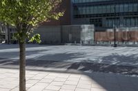 a park bench sits in the middle of a large empty courtyard in a city park