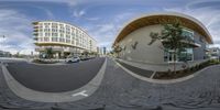 three circular panoramas show a parking lot and buildings with modern design and unique architecture