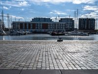 a small brick walkway next to a body of water with boats on it and buildings in the background