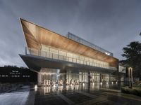 this modern building has large windows with reflective glass on the sides and wooden canopy to make it look like a giant building