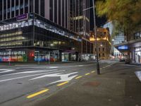 a view of a city street at night with a crosswalk in the foreground