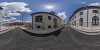 a fish eye view of a street from outside the building area in a small town