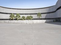 an empty concrete building with a circular roof and two trees in the courtyard below a wall