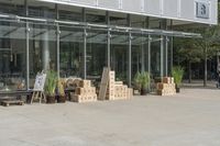 a store front with large windows, plants and cardboard boxes stacked on the floor outside