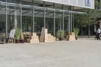 a store front with large windows, plants and cardboard boxes stacked on the floor outside