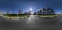 a wide view of the camera in a panorama lens lens on the road outside of a building