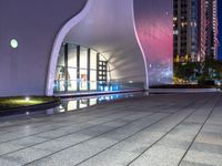 a building that looks like it has a huge arch shaped window and a small glass pool