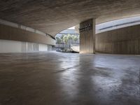 an empty floor covered with concrete in an open area that has various plants growing and a wall of wood