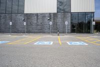 the car parking spaces have markings indicating wheelchairs and no parking signs around them, including in the number