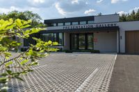 the front entrance to the presentation gallery with the building on the right side and a tree in the center