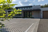 the front entrance to the presentation gallery with the building on the right side and a tree in the center