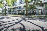 a tree lined sidewalk next to two tall buildings in a residential area surrounded by tall trees