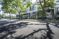 a tree lined sidewalk next to two tall buildings in a residential area surrounded by tall trees