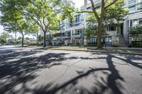 a tree lined sidewalk next to two tall buildings in a residential area surrounded by tall trees