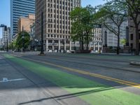 the green paint is painted on a bike path in front of an office building and large, trees